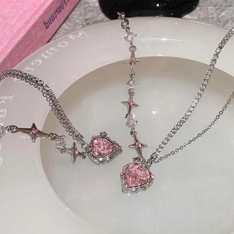 Designer × Jewelry Heart Punk Shiny Rhinestone Star Asymmetric Chain Necklace Size ONE SIZE - 2 Thumbnail