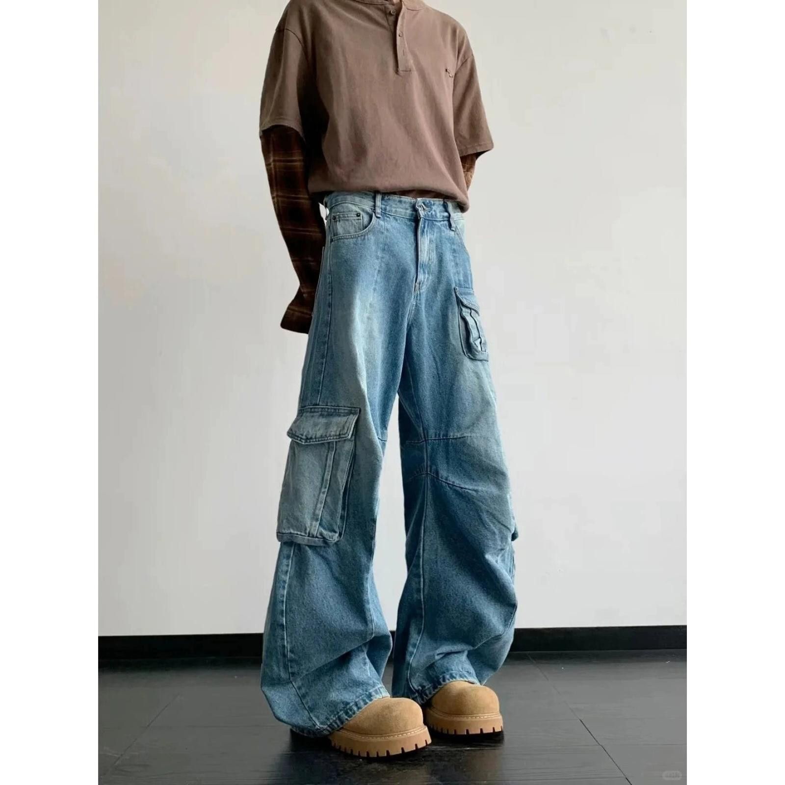 Japanese Brand Light Blue Baggy Cargo Jeans, Wide Leg Denim Pants Size US 32 / EU 48 - 7 Thumbnail