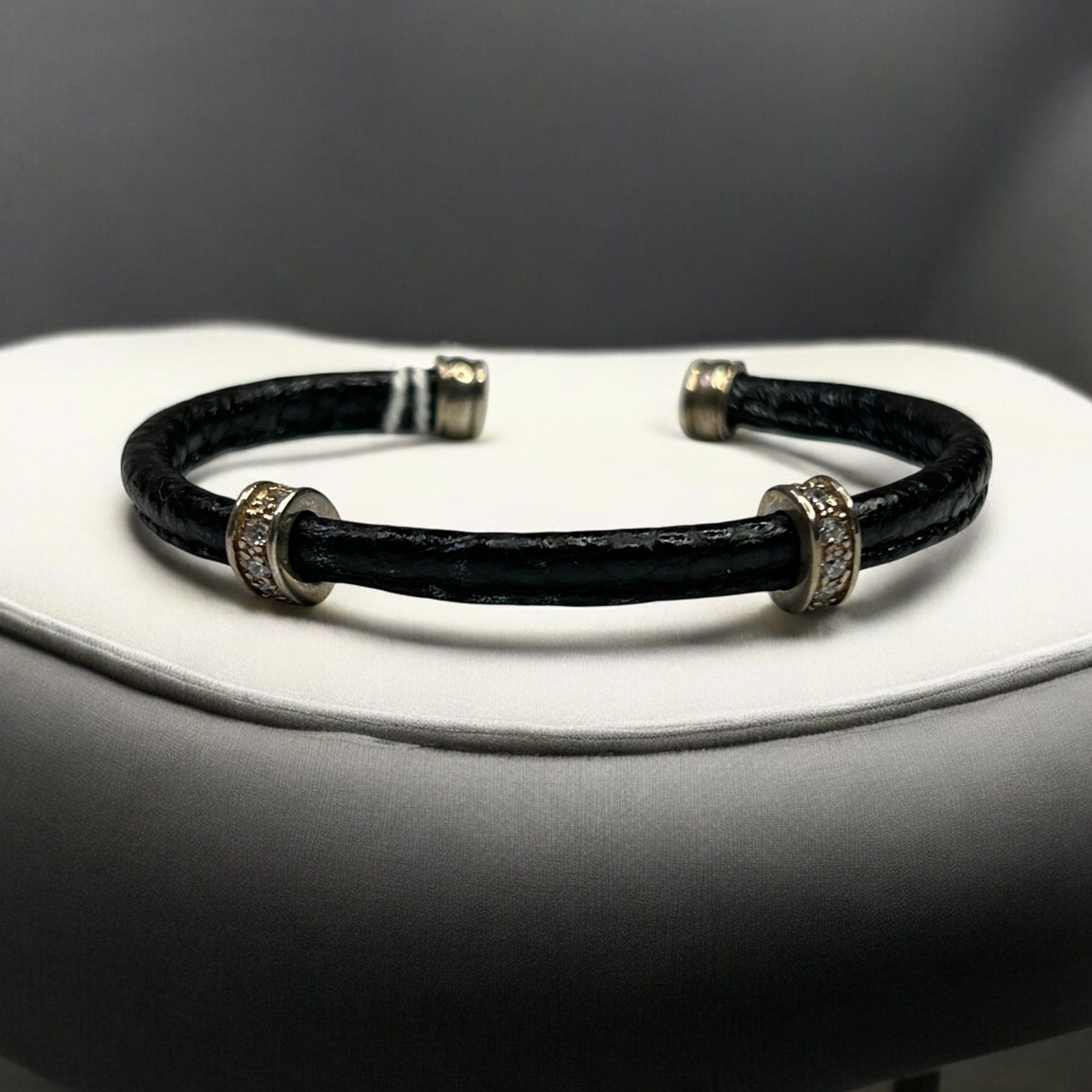 Designer Black Leather ESPO Cuff Bracelet With Rhinestone Accents Size ONE SIZE - 1 Thumbnail