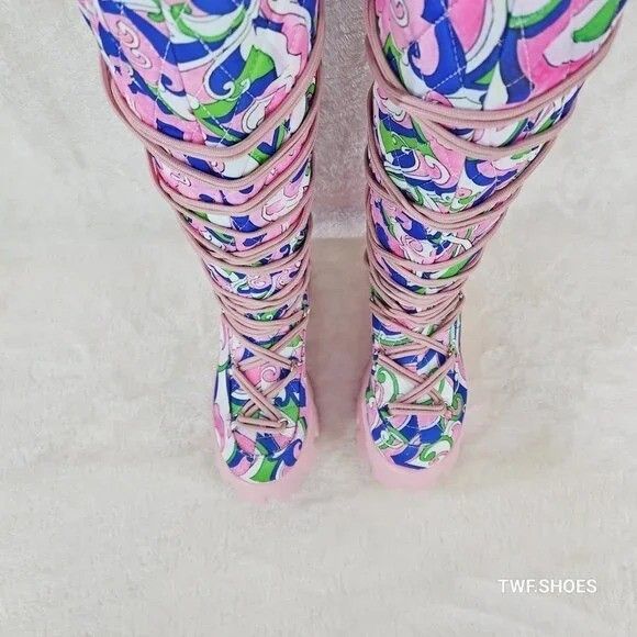 Other Winter Stomper 2" Platform Knee Boots Pink Design Fur Trim Size US 10 / IT 40 - 4 Thumbnail