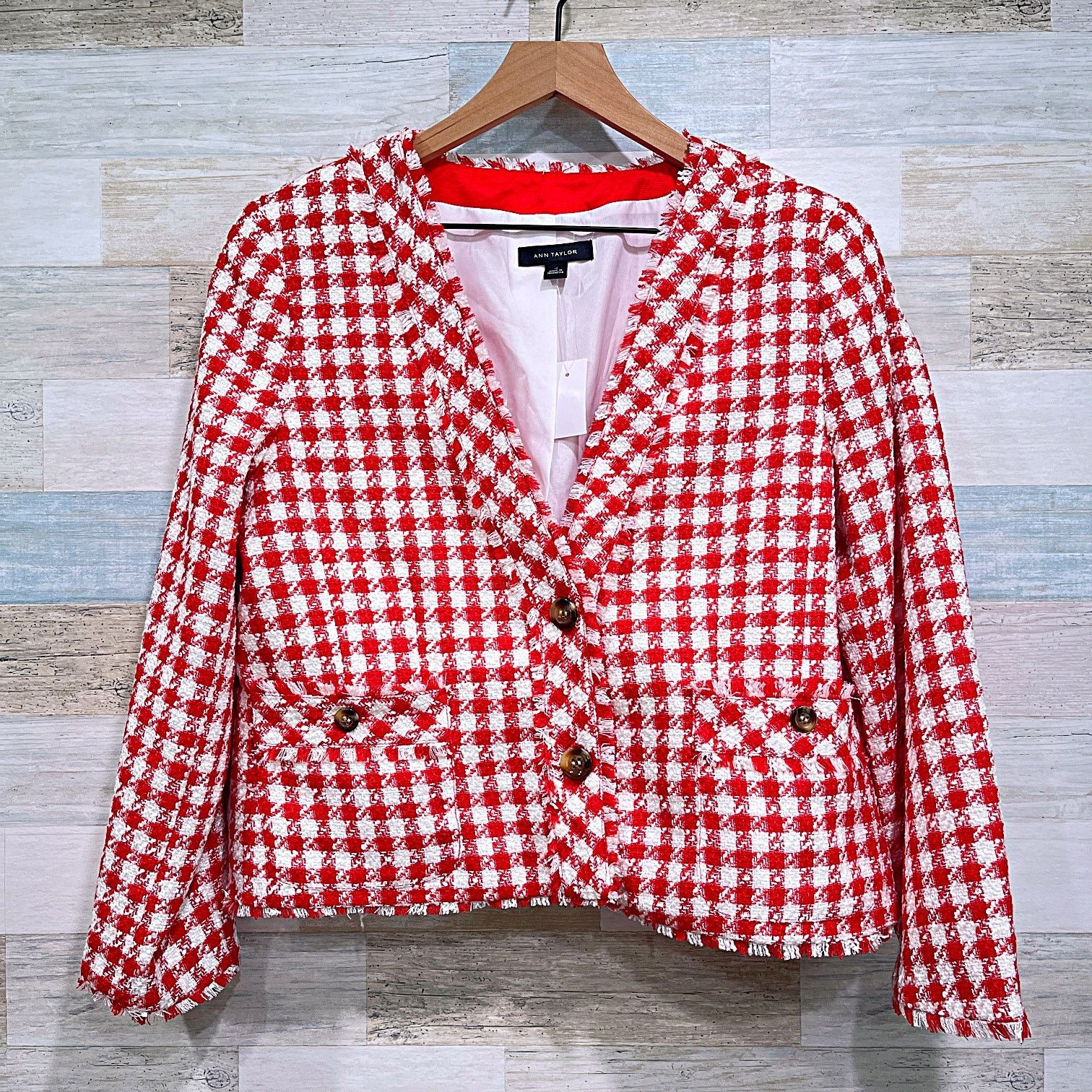 Other Ann Taylor Tweed Fringe Jacket Orange White Plaid Check 12 Size XL / US 12-14 / IT 48-50 - 1 Thumbnail
