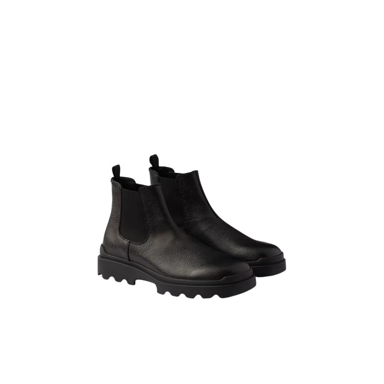 PRADA $1250 Black Stamped Leather Chelsea Boots New & Authen