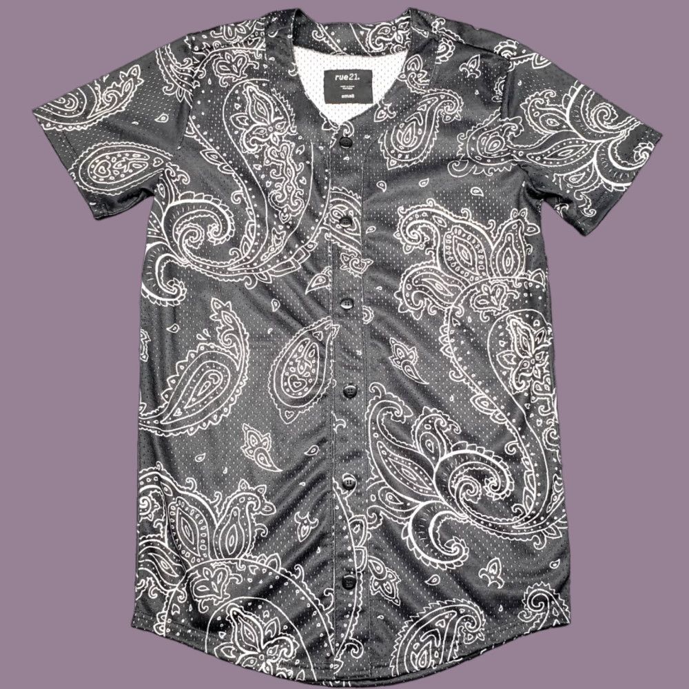 Vintage Rue21 Jersey Shirt Mens S Black Paisley Short Sleeve Button Up Collarless New Size US S / EU 44-46 / 1 - 1 Thumbnail
