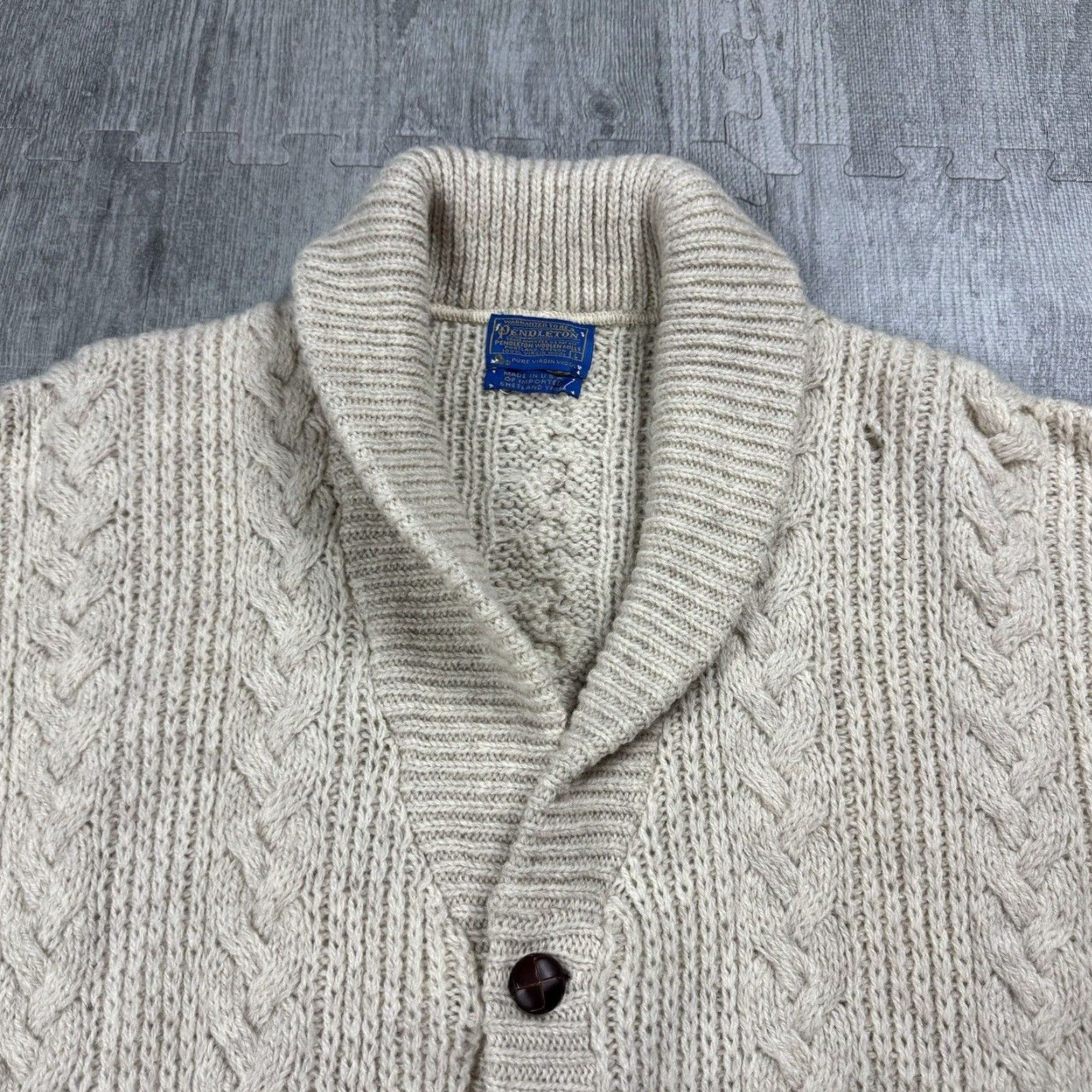 Pendleton VINTAGE PENDLETON SHAWL COLLAR CABLE KNIT CARDIGAN Wool Beige 80s Mens L Size US L / EU 52-54 / 3 - 2 Thumbnail