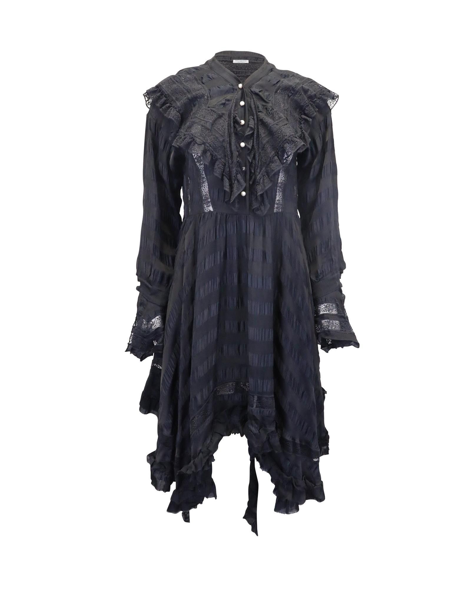 image of Philosophy Di Lorenzo Serafini Lacey Ruffle Dress With Gothic Lolita Charm In Black Viscose, Women'