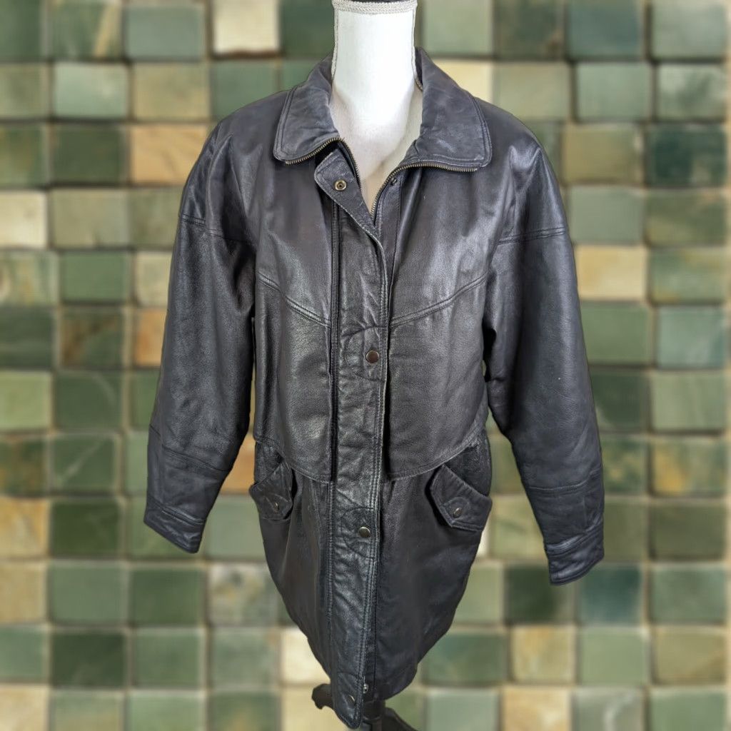 Vintage VINTAGE 80s Liz Baker Leather Coat Jacket Womens M Black Oversized Relaxed Car Coat Size M / US 6-8 / IT 42-44 - 1 Thumbnail