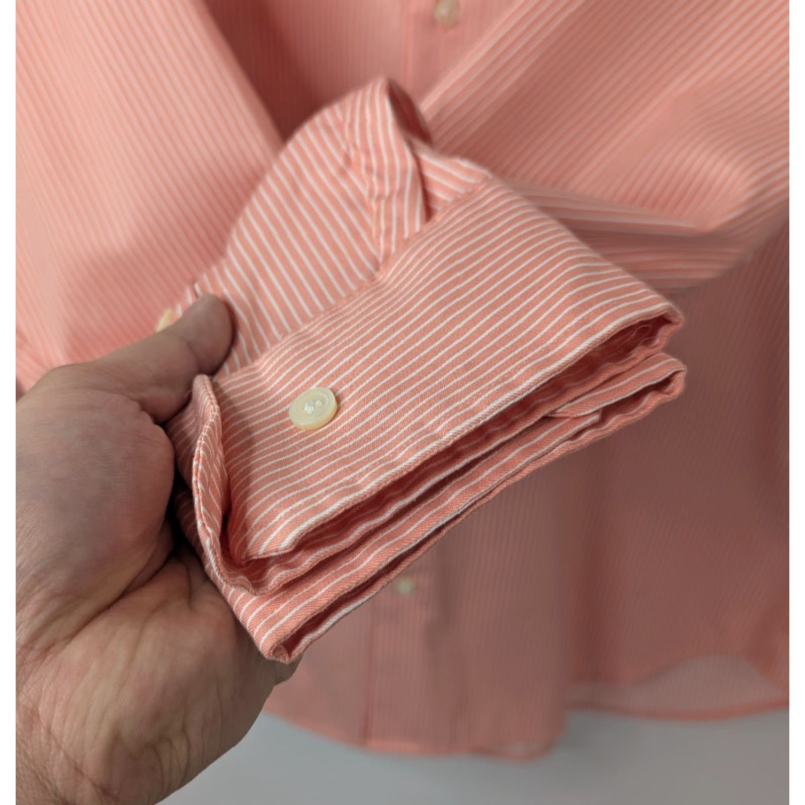 Banana Republic Banana Republic Non-Iron Classic Fit Dress Shirt Salmon Stripe Men's L 16-16.5 Dark Pink Orange Striped Button-Up Casual 100% Cotton Regular Womens? Size 42R - 3 Thumbnail