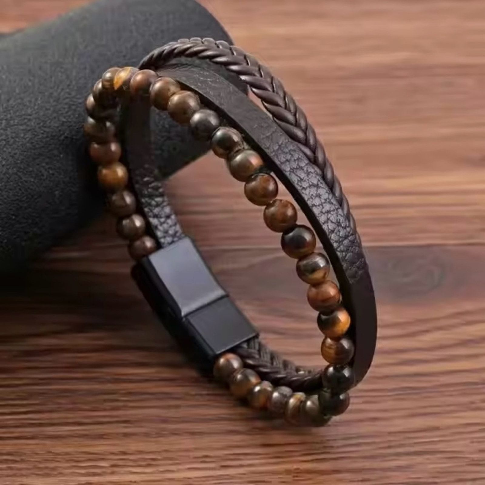 Other Tiger Eye Stone Leather Three -Layer Men's Bracelet Size ONE SIZE - 3 Thumbnail