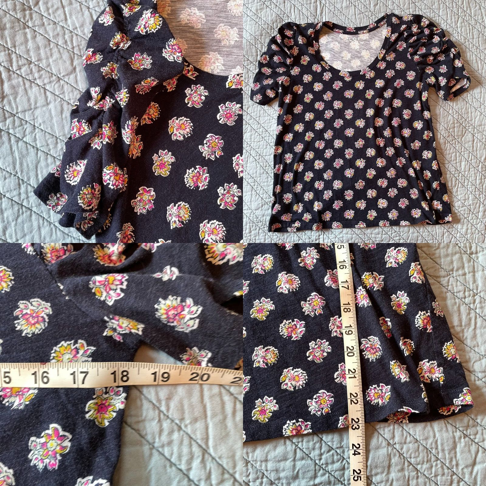 Loft VINTAGE LOFT Top TShirt M Floral Navy Blue Short Puff Sleeve Soft Dainty Pink Size M / US 6-8 / IT 42-44 - 8 Thumbnail