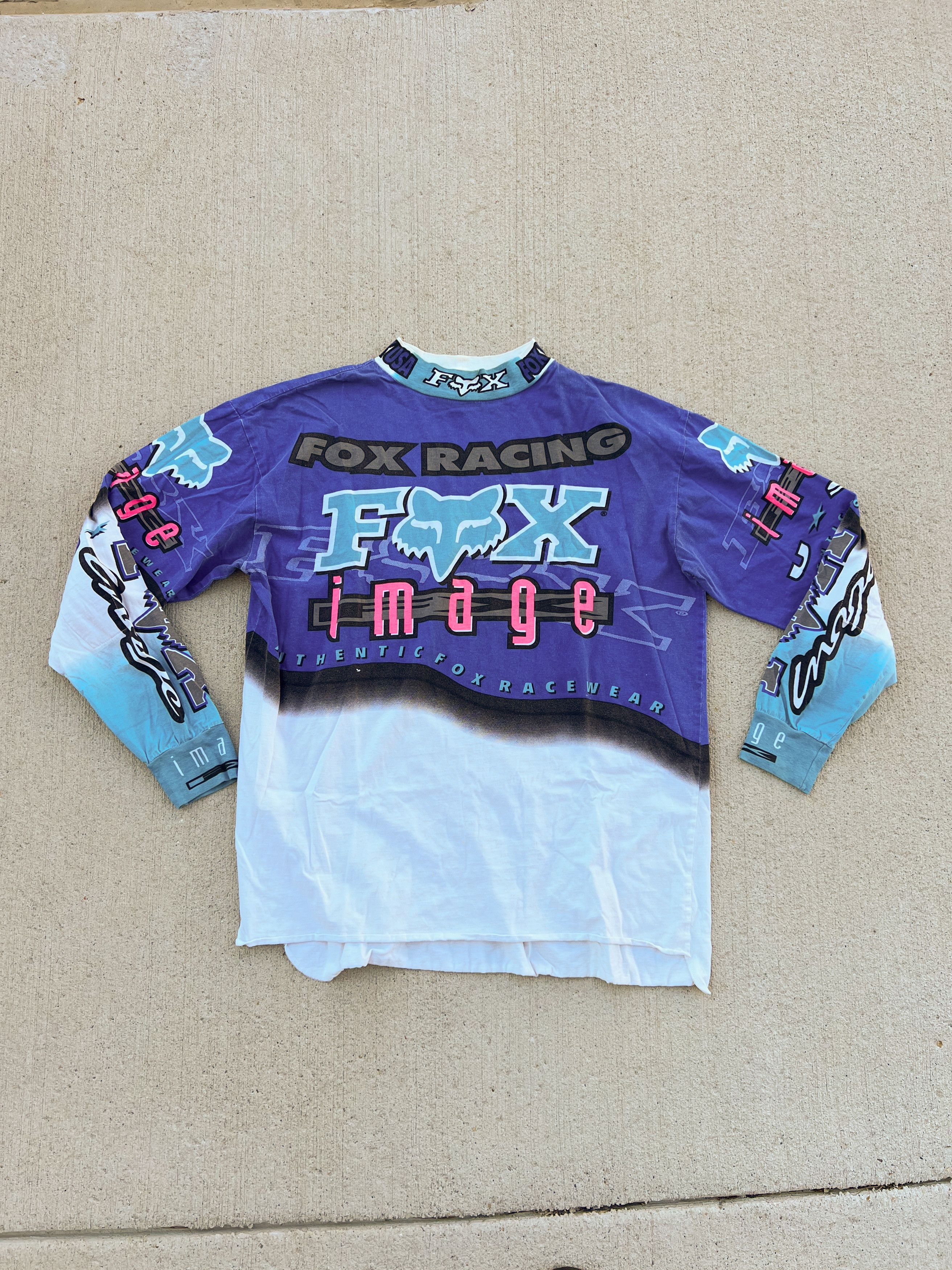 Vintage 90's Fox Racing Long Sleeve Blue and White Size US L / EU 52-54 / 3 - 1 Thumbnail