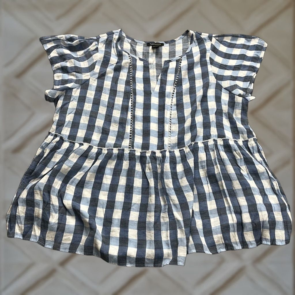 Vintage Robert Louis Blouse Womens 3XL Blue Checkered Short Sleeve V-Neck Casual Top Size XXL / US 16-18 / IT 52-54 - 1 Thumbnail