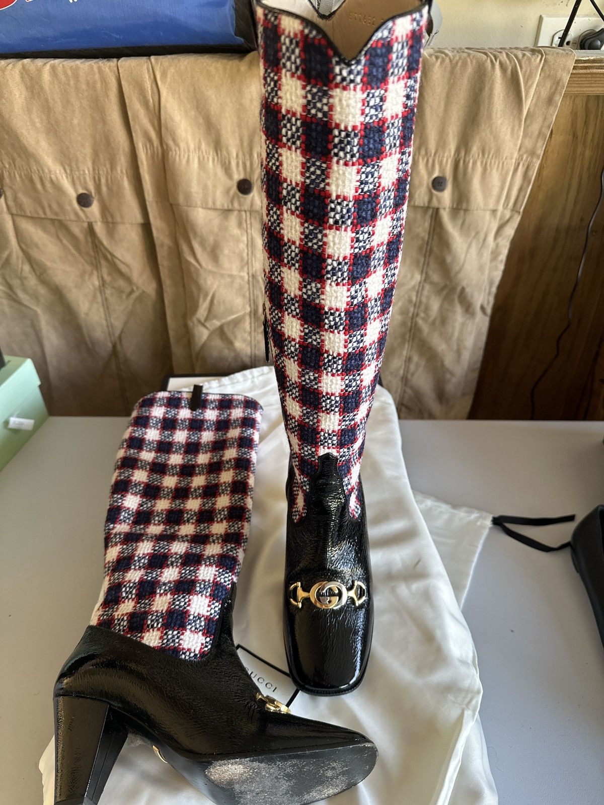 image of Gucci GG Zumi Plaid Tweed Boots in Blue, Women's (Size 8)