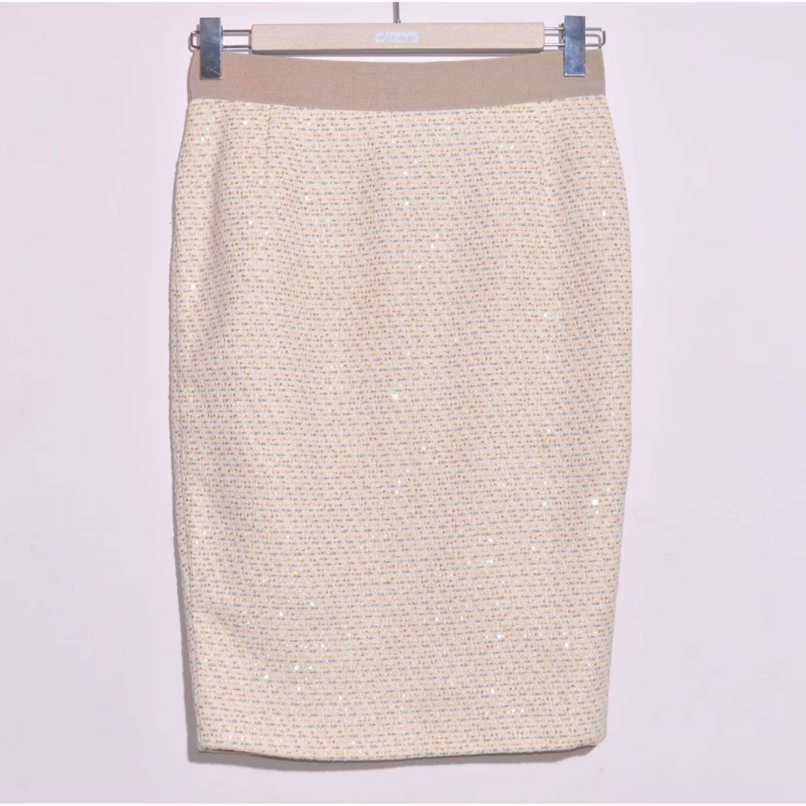 Max Mara Max Mara Pianoforte Tweed Pencil Skirt Beige Cream Gold Sequin Back Slit UK14 Pencil Skirt Womens Beige Gold Sequin Back Slit 14 Womens Size 36" / US 14 / IT 50 - 2 Thumbnail