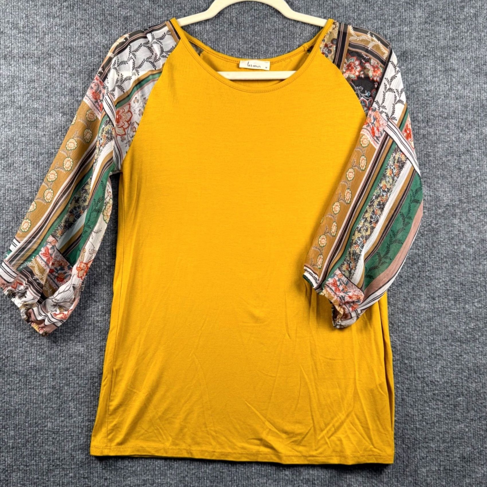 Vintage Les Amis Mustard Yellow Raglan Sleeve Top Boho Floral Mixed Print Crew Neck 3/4 Sleeves USA Made Women M Size M / US 6-8 / IT 42-44 - 2 Thumbnail