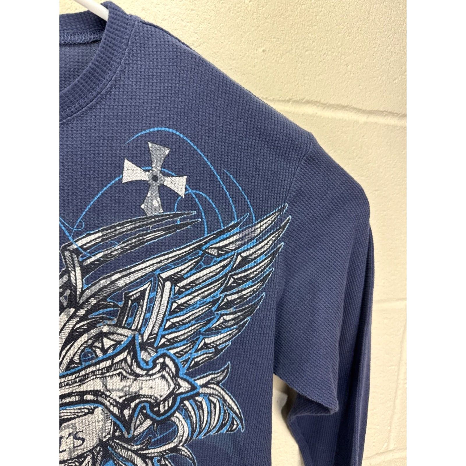 Affliction VINTAGE 2000s Waffle Knit T-Shirt Men Large Blue Graphic Print Gothic Punk Motorcycle Rock Horror Retro Biker Military Casual Size US L / EU 52-54 / 3 - 5 Thumbnail