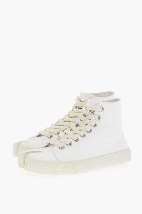 image of Maison Margiela Mm22 Cotton High-Top Tabi Sneakers With Ton-On-Ton Laces in White, Women's (Size 6)