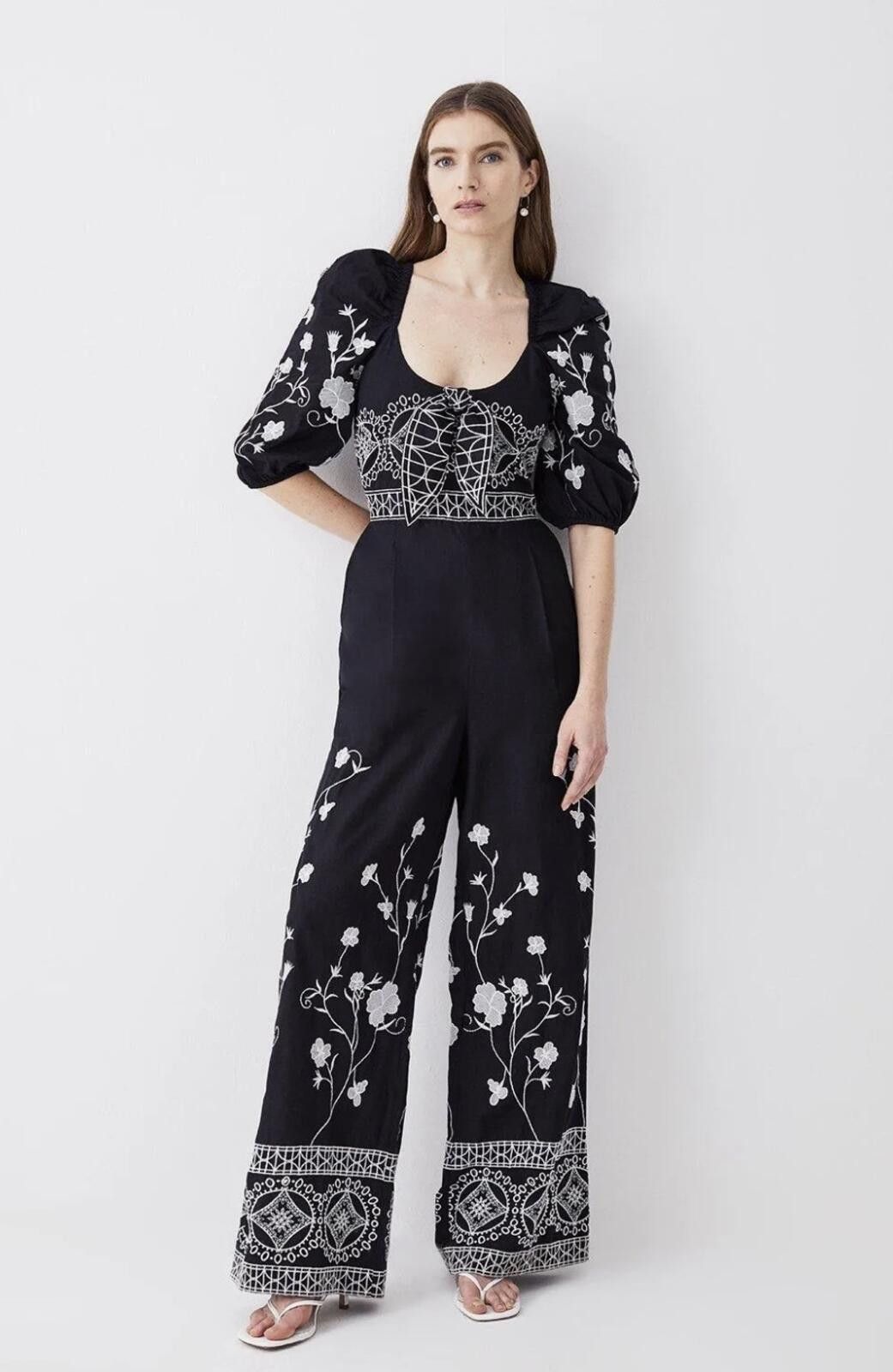 Other Karen Millen Floral Embroidered Woven Black/White Jumpsuit Size 32" / US 10 / IT 46 - 1 Thumbnail