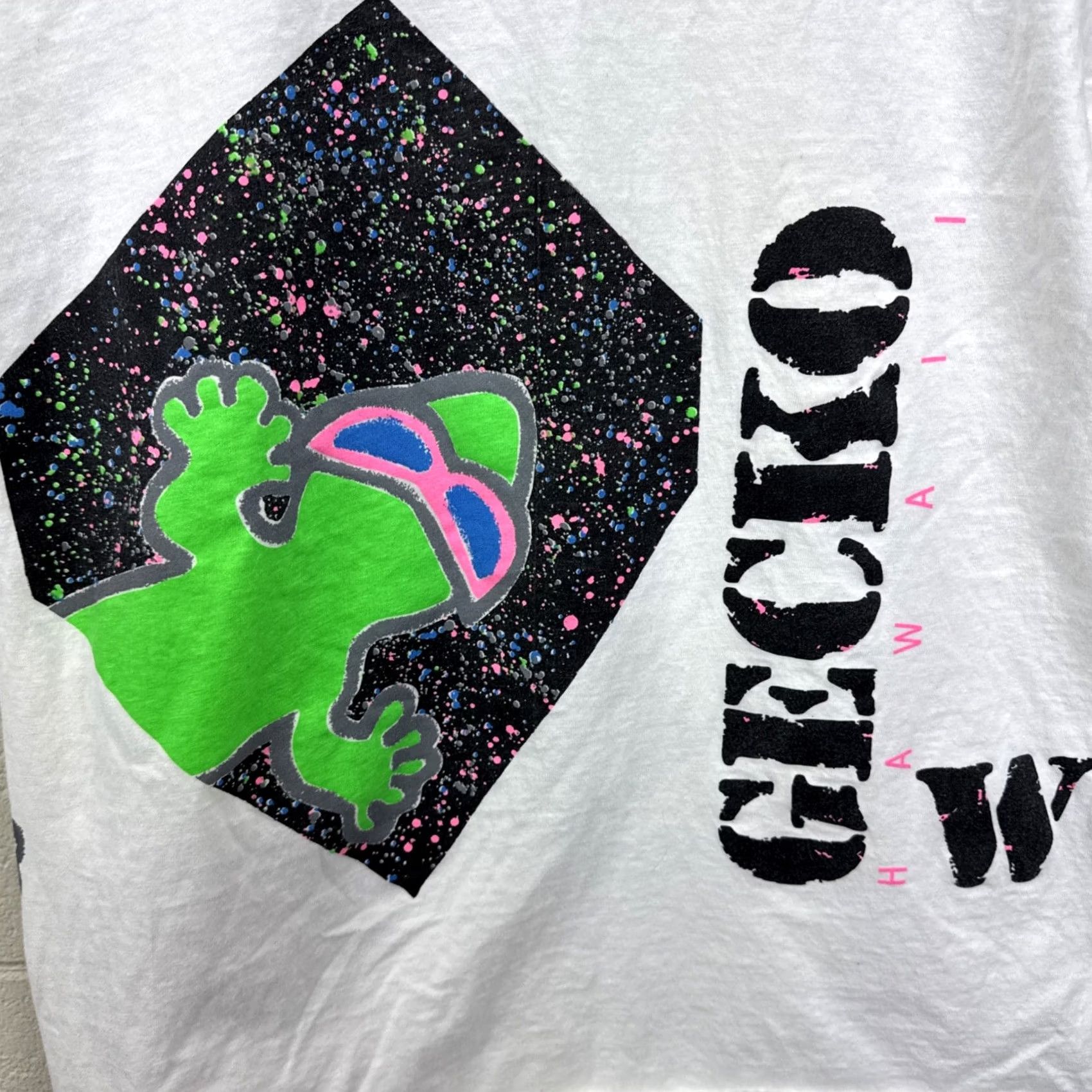 Hanes VINTAGE Gecko Hawaii T-Shirt Large White 80s Neon Print Beachy Surfer Mens Size US L / EU 52-54 / 3 - 2 Thumbnail