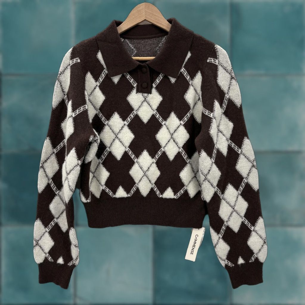 Vintage COMMENSE Sweater Womens Medium Brown Argyle Collared Knit Pullover Preppy Size M / US 6-8 / IT 42-44 - 1 Thumbnail