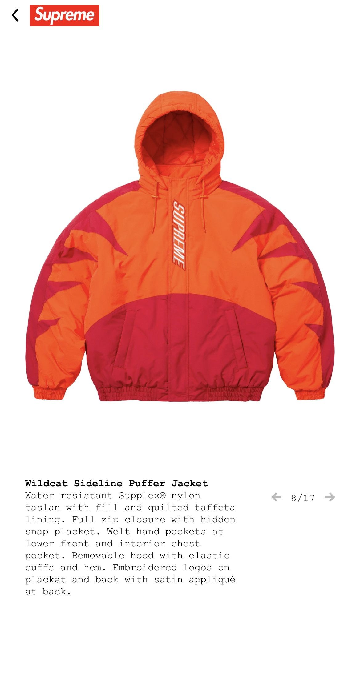 Supreme Orange Wildcat Sideline Puffer | Grailed