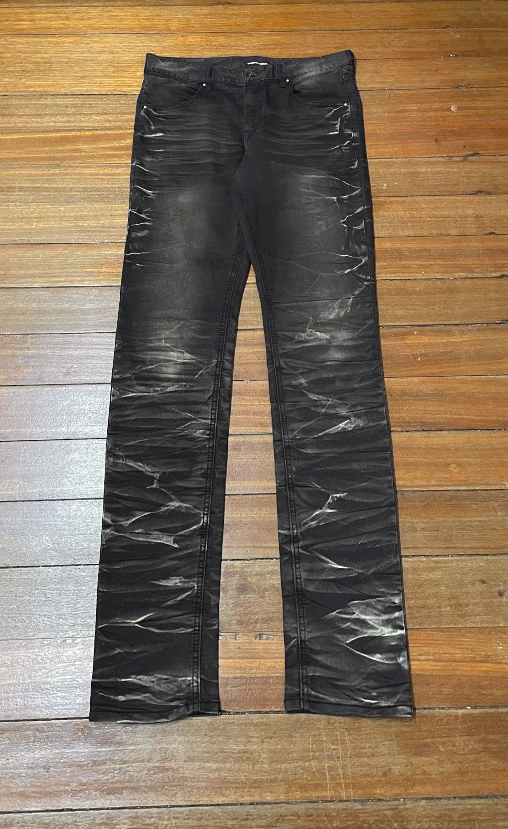 14th Addiction Very Rare Vintage Semantic Design Strip Waxed Jeans 2000s Size US 33 - 1 Thumbnail