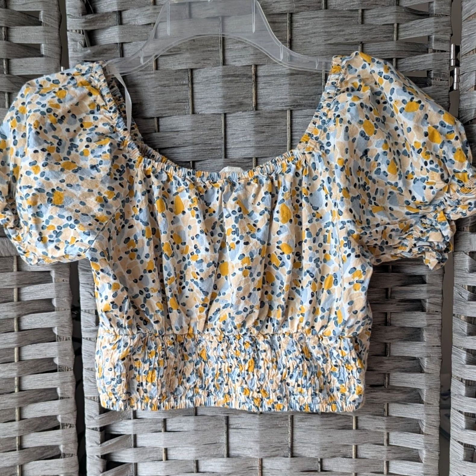 Vintage Cropped Blouse Top Womens Sz S Blue Yellow Dot Print Puff Sleeve Boho Coquette Size S / US 4 / IT 40 - 5 Thumbnail