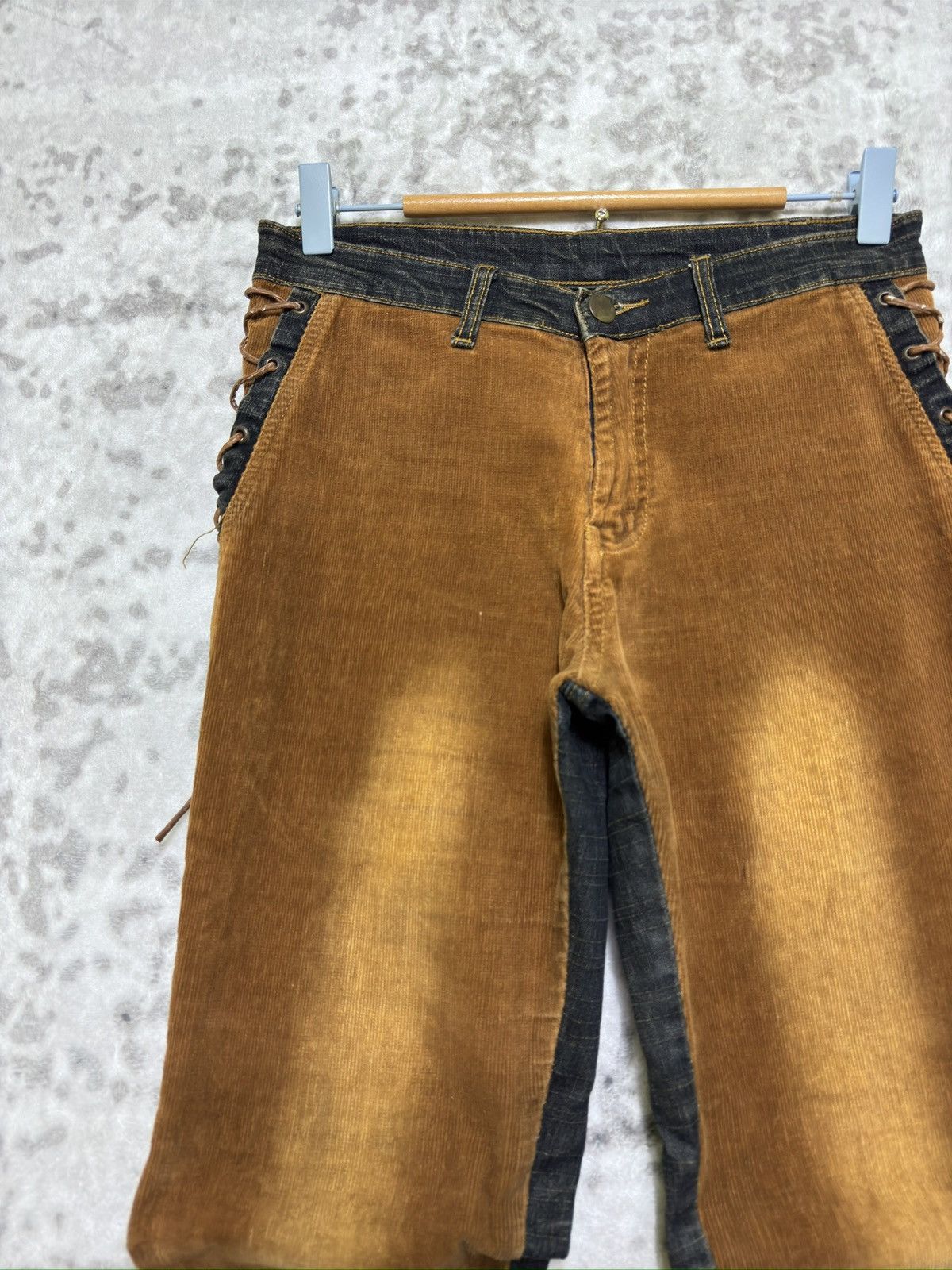 Japanese Brand Y2K Unisex Lace Up Bootcut Denim Corduroy Hybrid Jeans Size US 27 - 4 Thumbnail