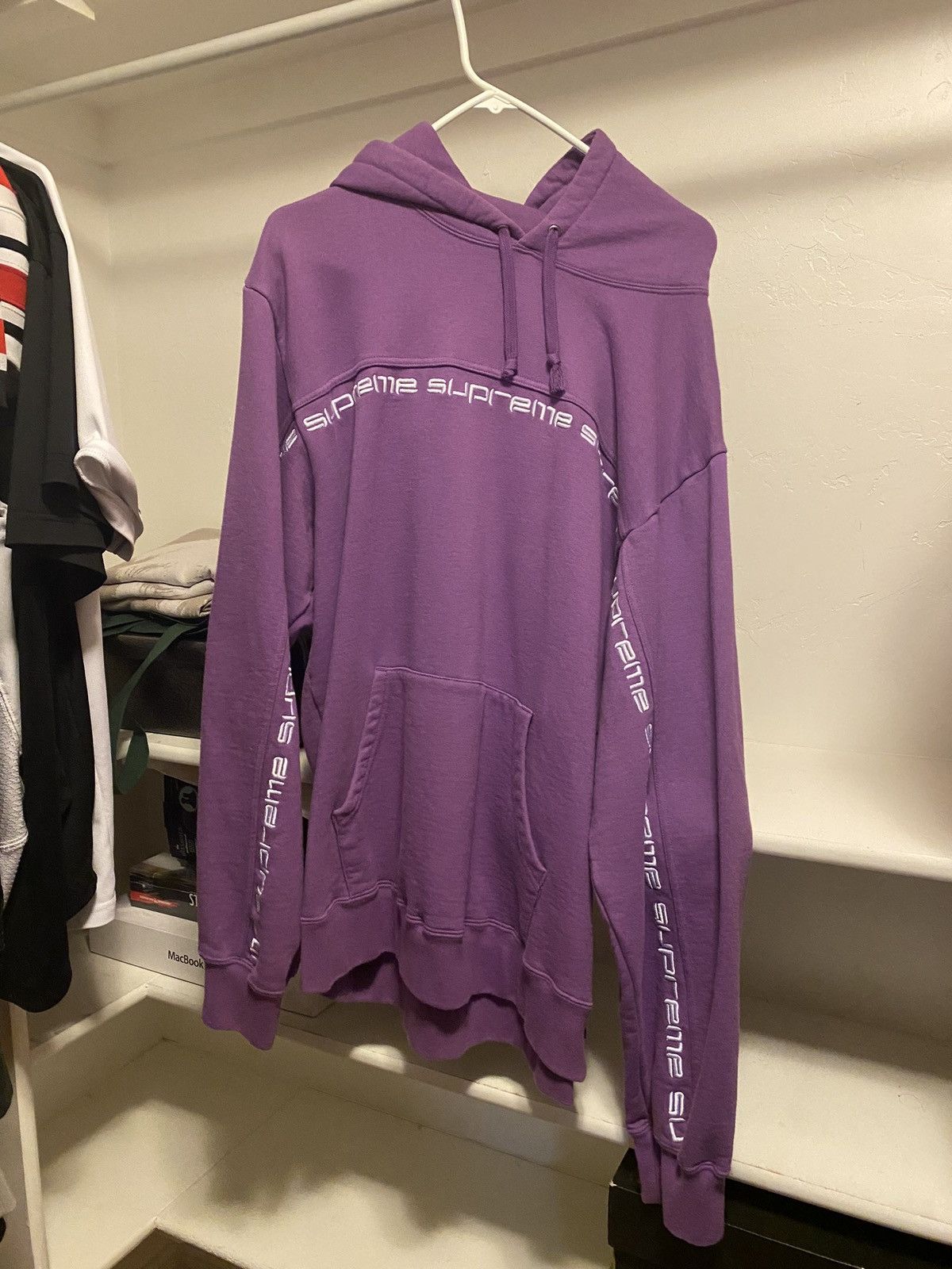 Supreme FW18 Text Stripe Hooded Sweatshirt Violet