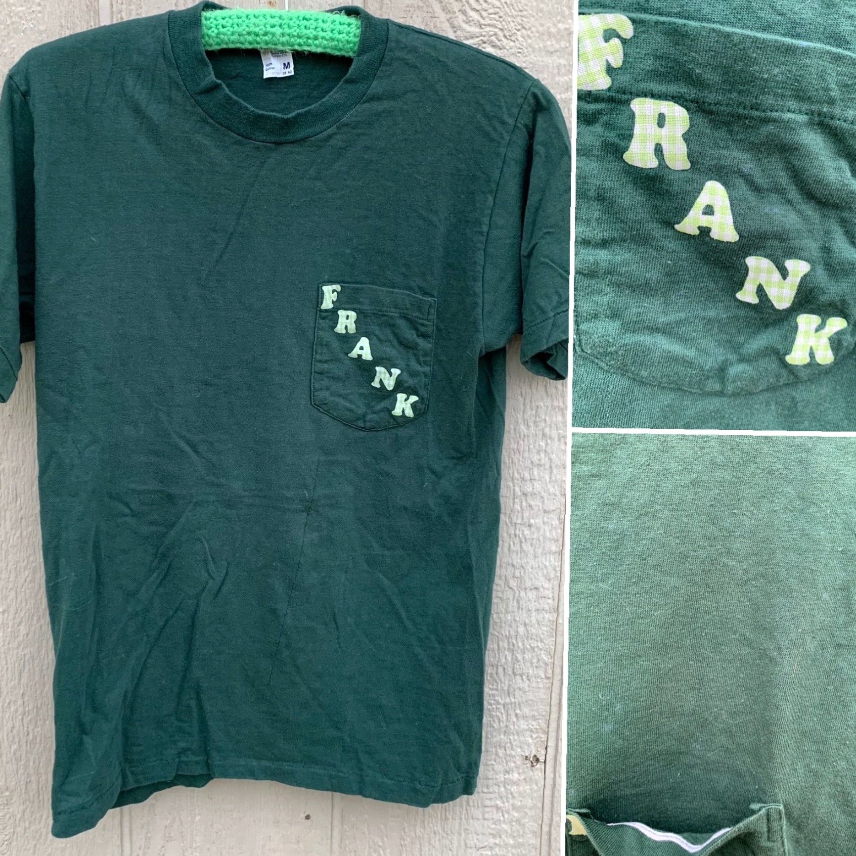 Vintage VINTAGE Pocket Tee T Shirt FRANK Green Short Sleeve M Cotton Left Front Chest Pocket Iron On Lettering Single Stitch Crew Neck Mens Shirts Size US M / EU 48-50 / 2 - 4 Thumbnail