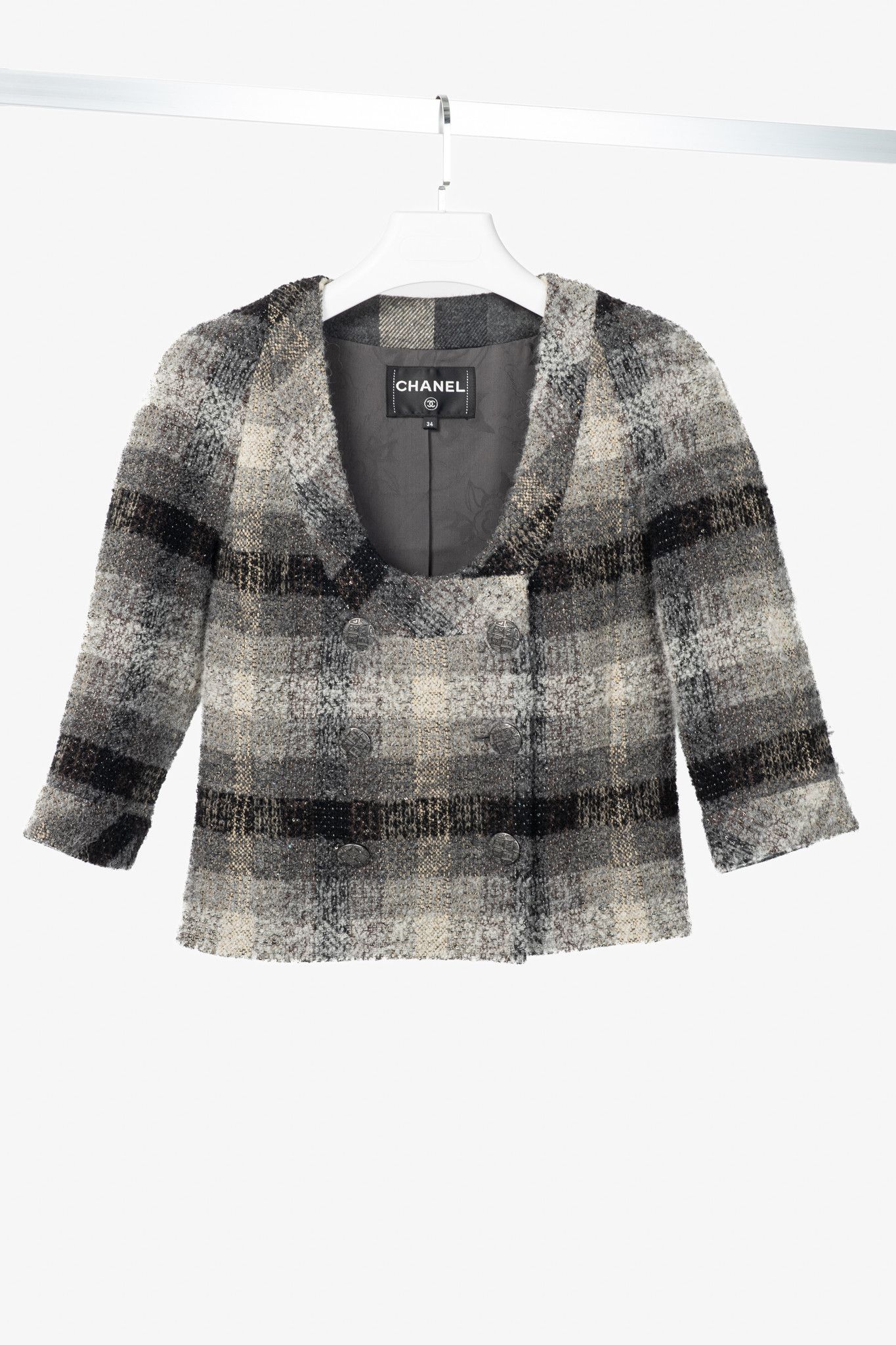 Chanel Chanel 18B Grey Metallic-Check Wool Double-Breasted Jacket Size XXS / US 00 / IT 34 - 1 Thumbnail