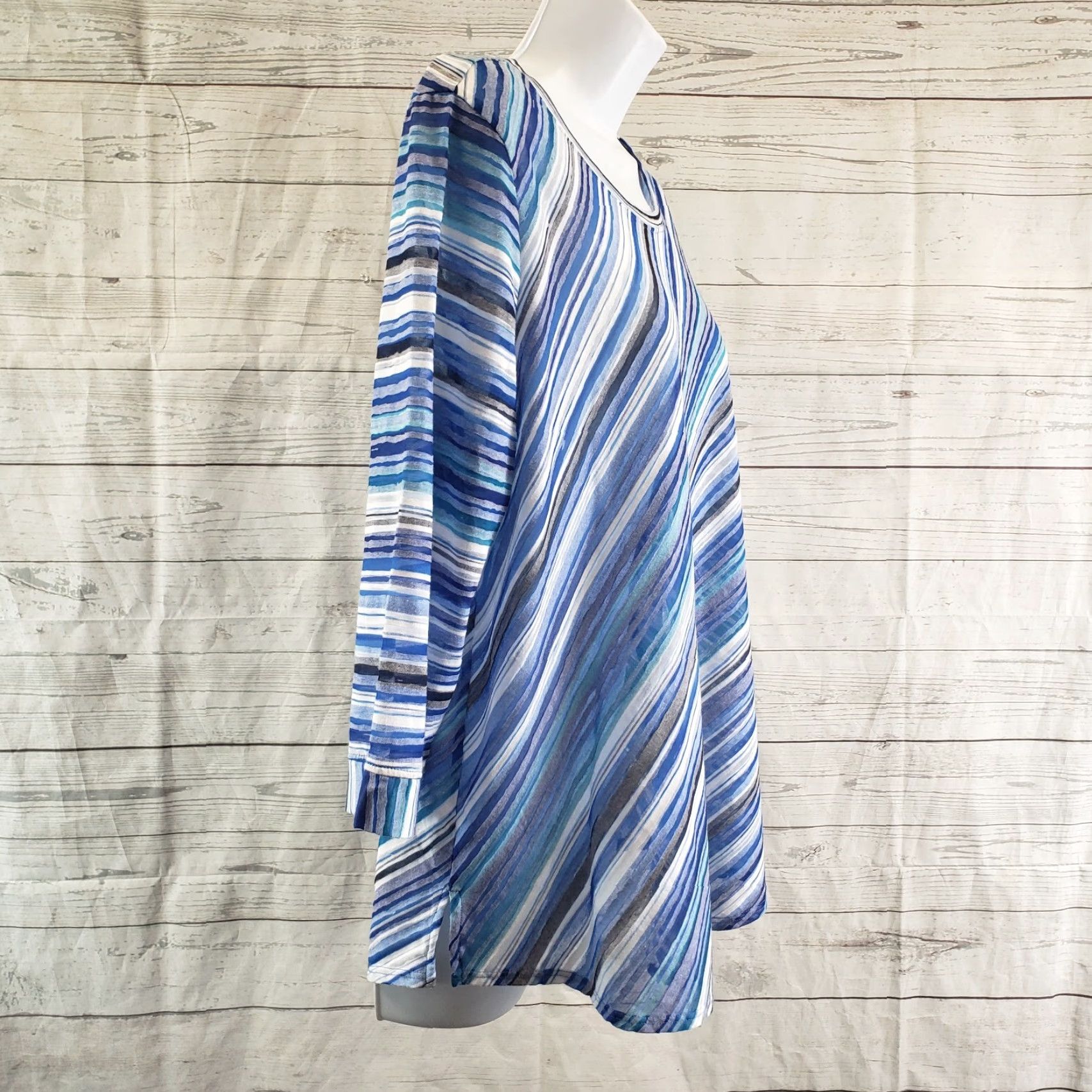 Alife Focus Casual Life Womens Top Shirt L Blue White Stripe 3/4 Sleeve Sheer Casual Occasional Blues Size L / US 10 / IT 46 - 3 Thumbnail