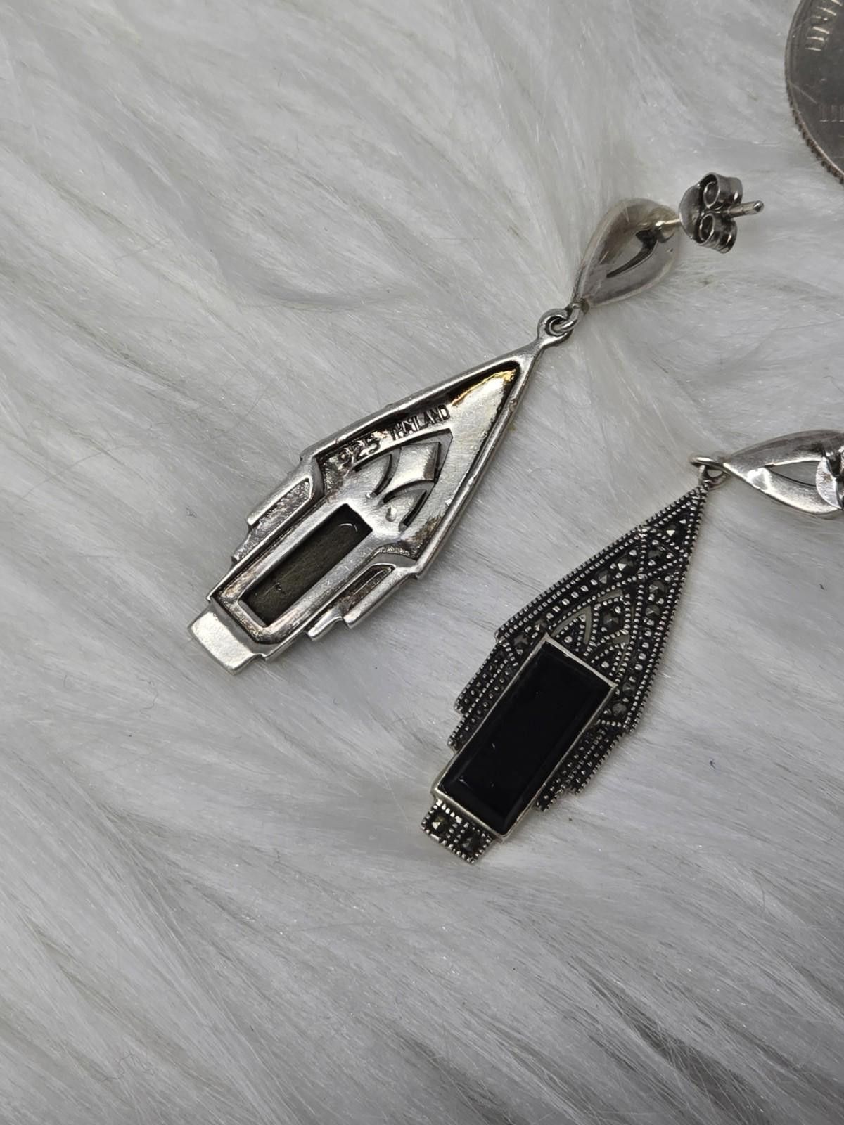 The Unbranded Brand 925 Thai Marcasite Onyx Drop Earrings Art Deco Size ONE SIZE - 6 Thumbnail
