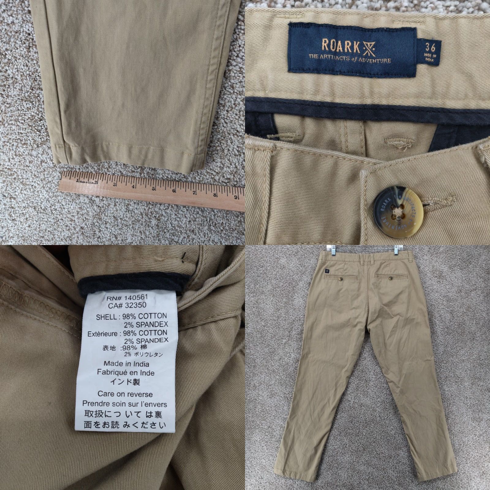Roark ROARK Mens Pants 36x30 Brown Chino Outdoors Stretch Pockets Regular Flat Front Belt Loops Size US 36 / EU 52 - 8 Thumbnail