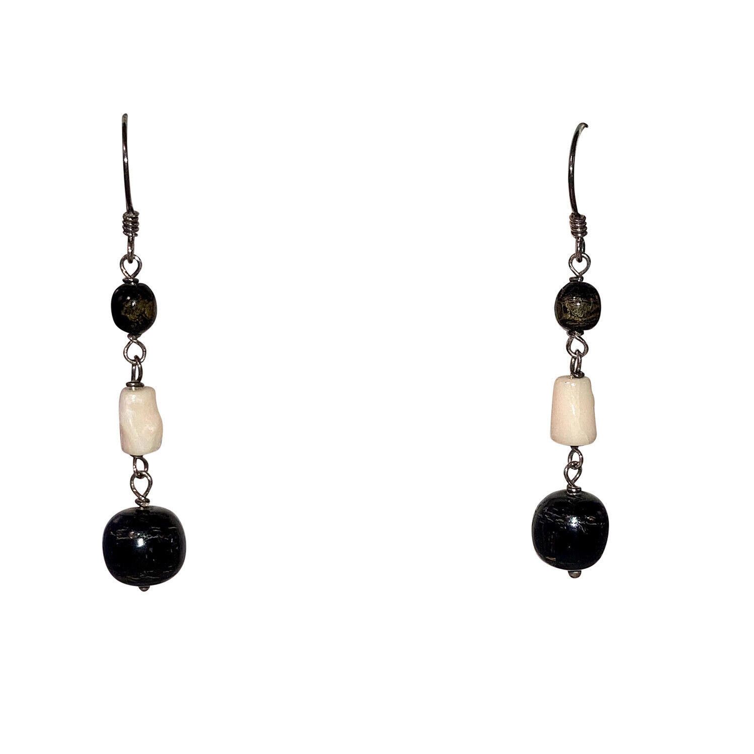 Designer Artisan Mexican Silver Black and Pink Coral Dangle Earrings Size ONE SIZE - 1 Thumbnail