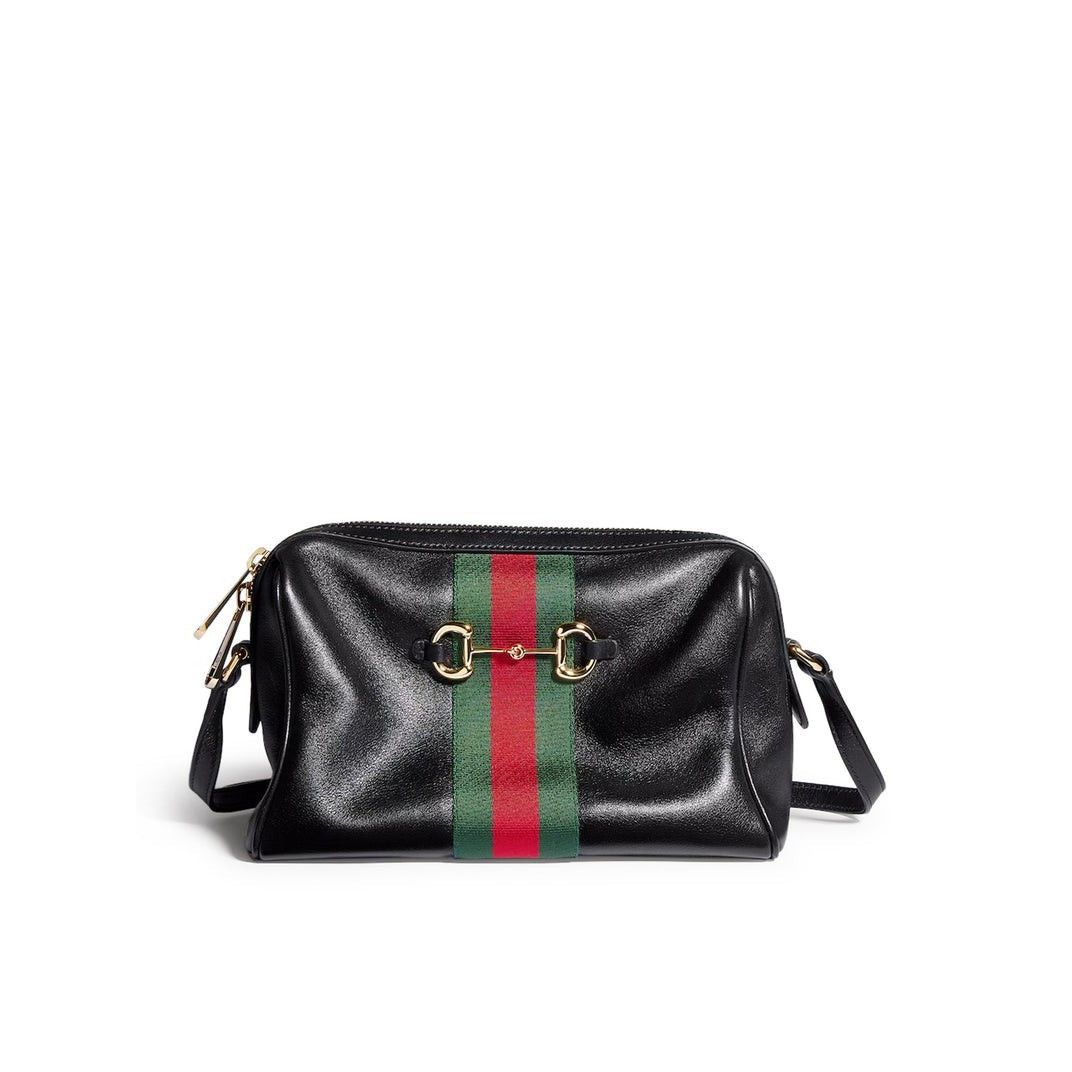 Gucci $2150 Horsebit Web Small Black Leather Camera Bag New, Women's