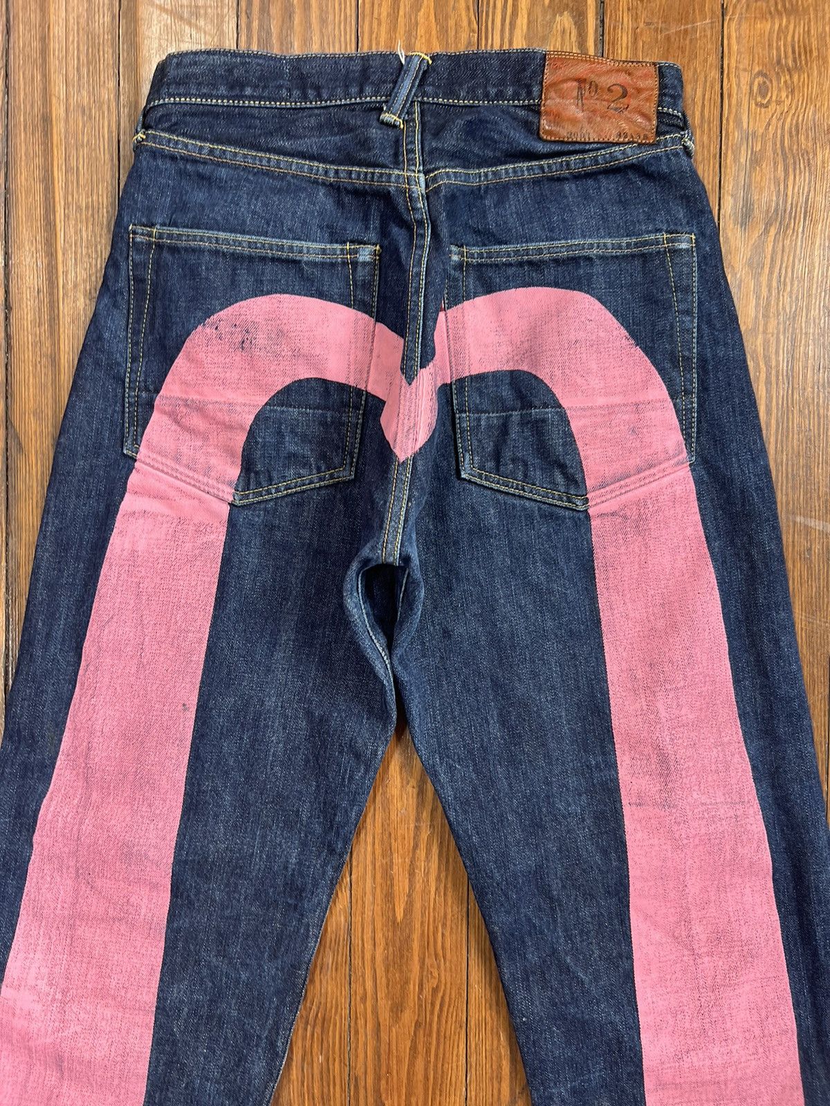 90s/Y2K VTG shops Evisu Blue/Pink Painted Big Logo Denim Japanese Denim Jeans 38x30