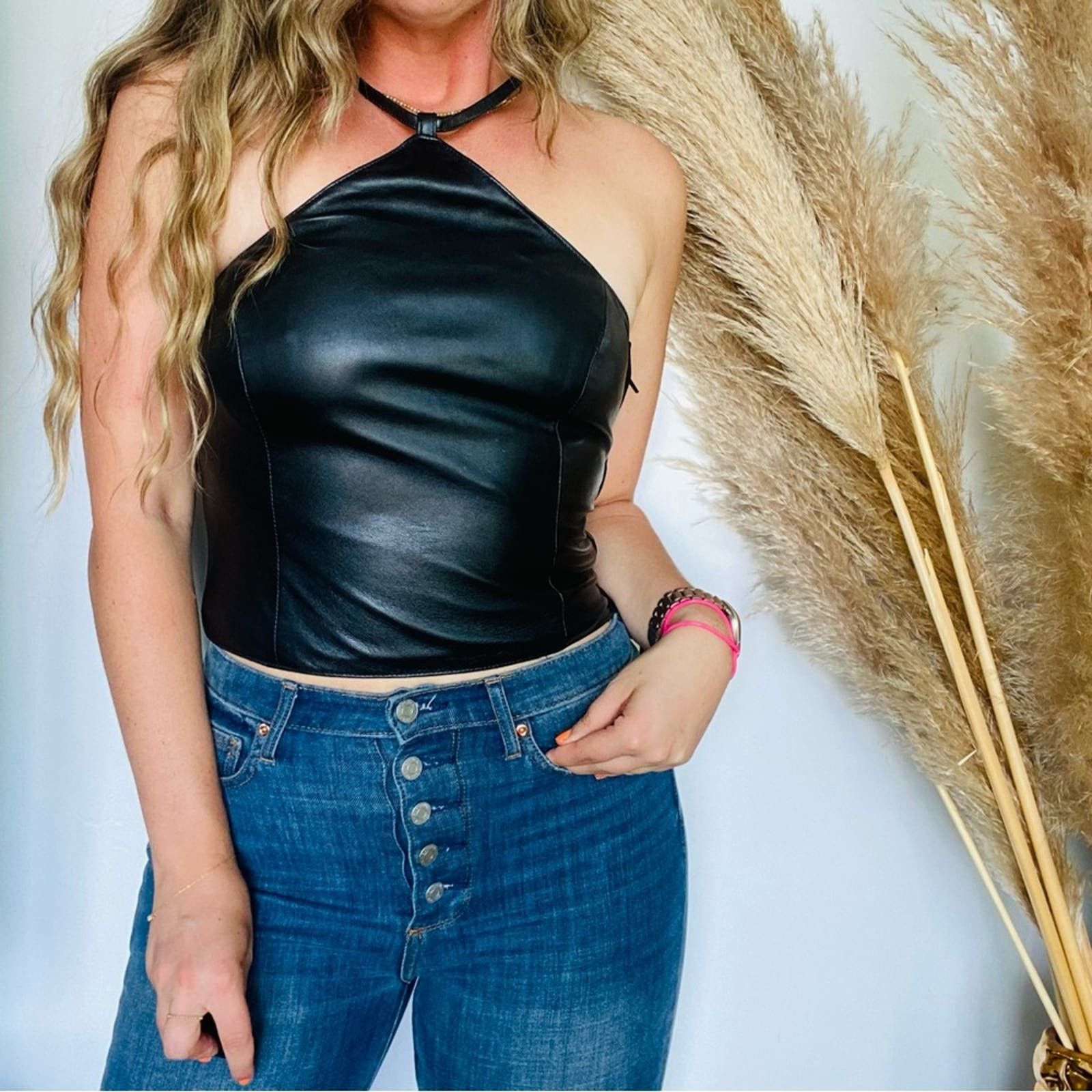 image of Hugo Buscati Vintage 80's Black Tank Top Leather Halter, Women's (Size Large)