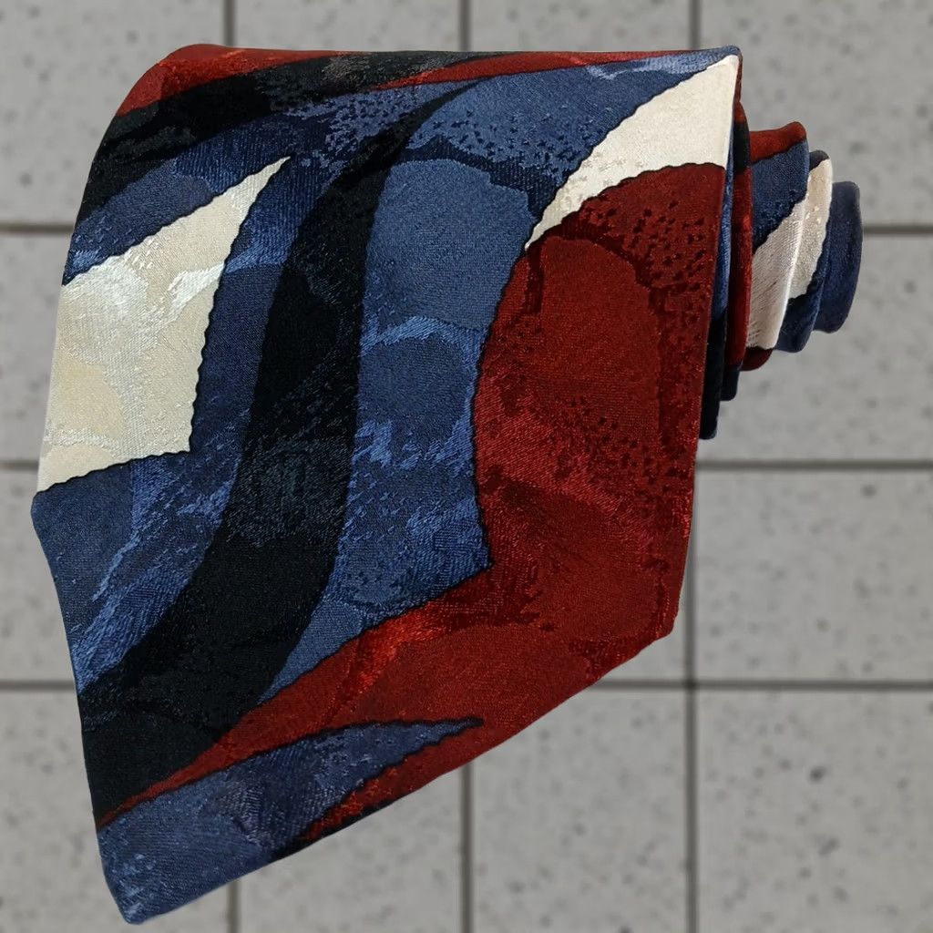Vintage Fashion Tie Silk Red White Blue Black Abstract Pattern 55" x 3.75" Pointed Men Neckwear Classic Width Vintage? Size ONE SIZE - 1 Thumbnail