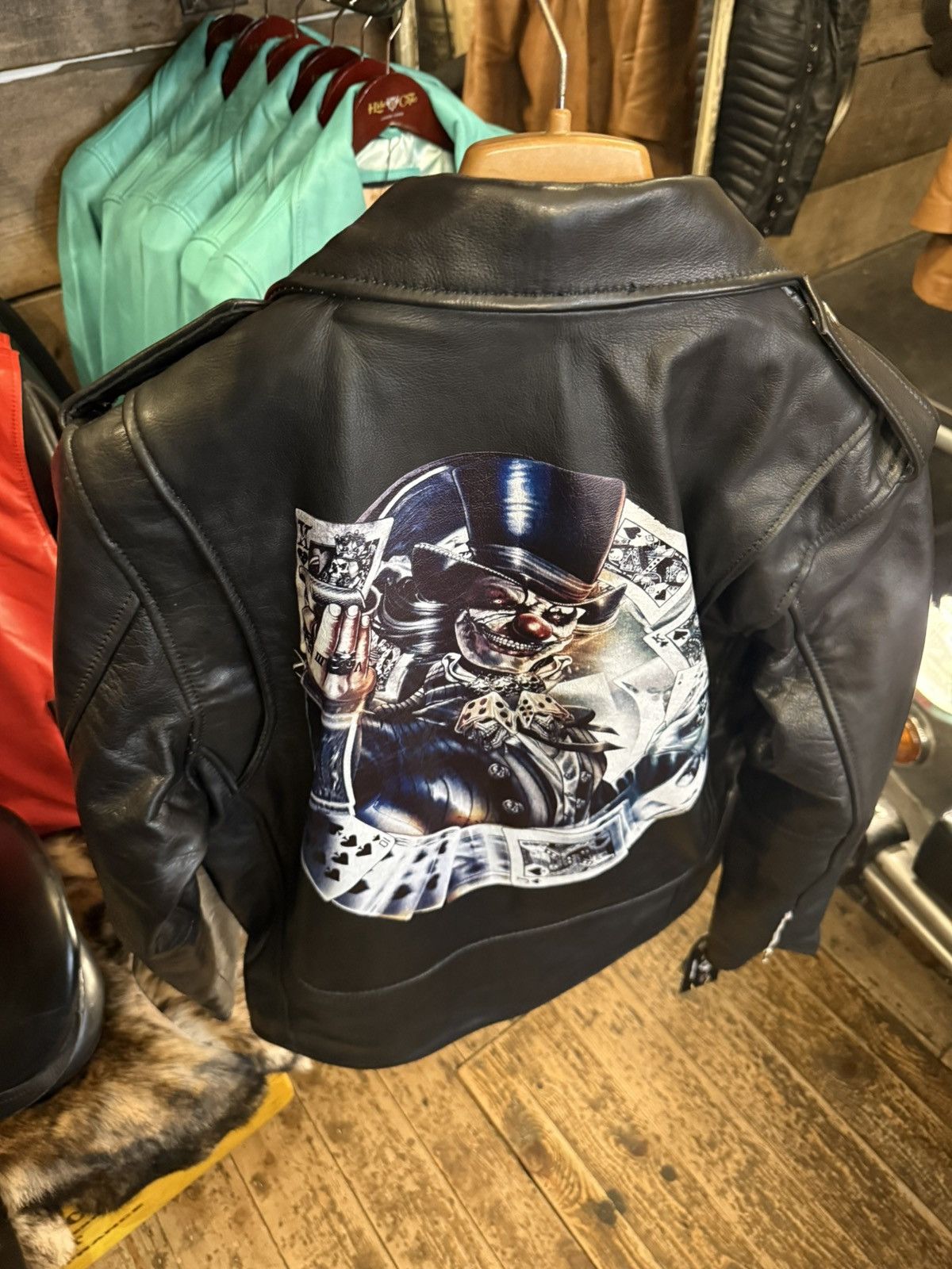 Handmade Vintage Black Leather Biker Jacket – Gothic Skull Ace Size US S / EU 44-46 / 1 - 2 Thumbnail