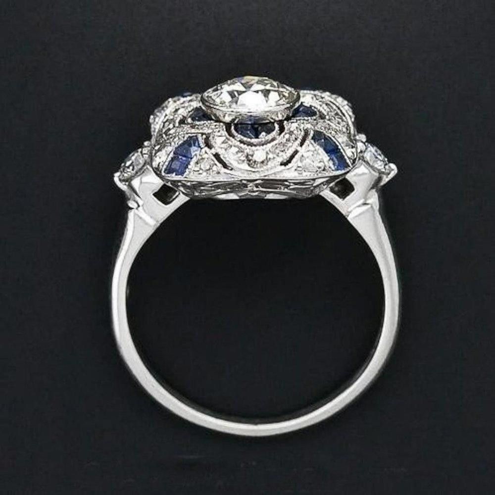 Designer 925 Sterling Silver Blue Geometric Art Deco Ring - Size 7 Size ONE SIZE - 5 Thumbnail