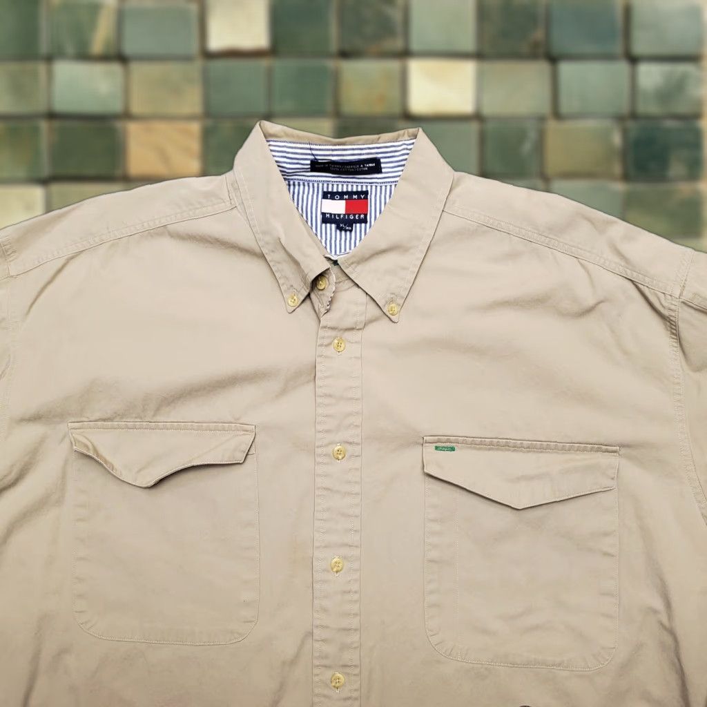 Tommy Hilfiger VINTAGE Tommy Hilfiger Shirt Mens XL Beige 100% Cotton Casual Button-Up Size US XL / EU 56 / 4 - 1 Thumbnail