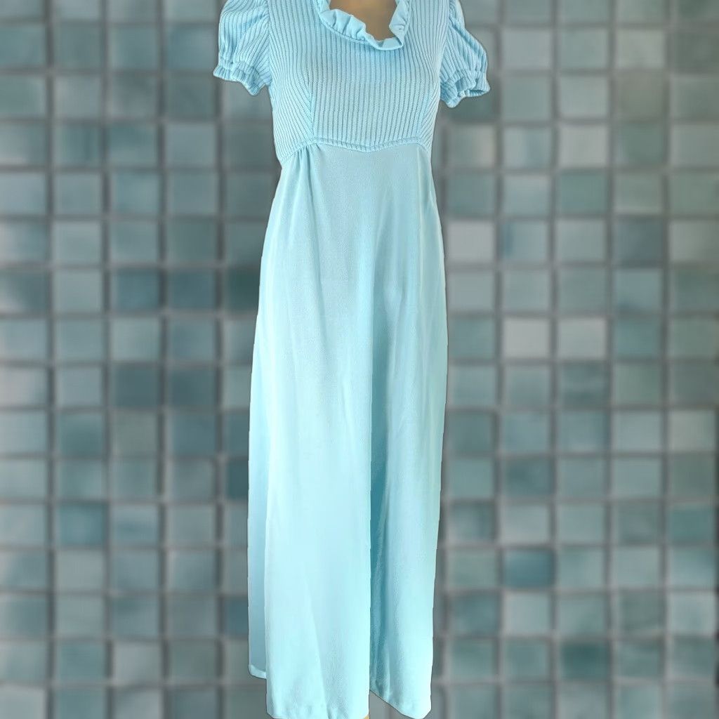 Vintage VINTAGE ILGWU Dress Maxi Blue 11 Women's Puff Sleeves Ruffled Tie Waist Knit Cocktail 58 in Chest 16 in US Size L / US 10 / IT 46 - 1 Thumbnail