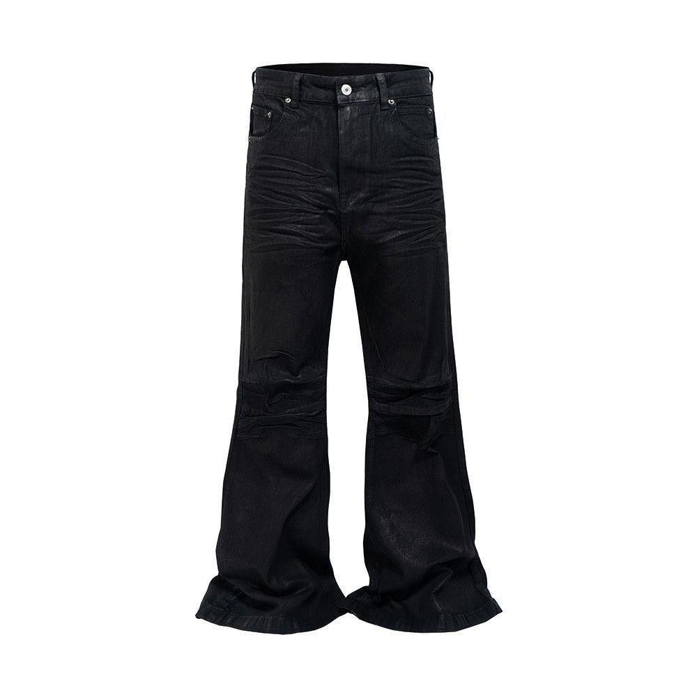 Designer Lamentist Backstage Flared Jeans in Waxed Charcoal Denim