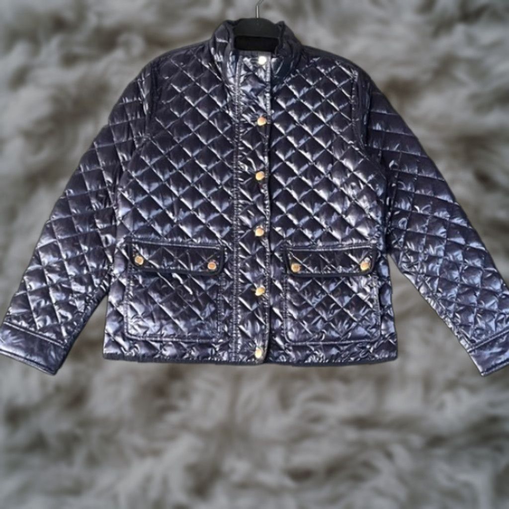 J.Crew J. Crew Quilted Puffer Down Jacket Navy Blue Snap Button Full Zip Women PL Blue Diamond Quilting Zipper Womens Size L / US 10 / IT 46 - 1 Thumbnail