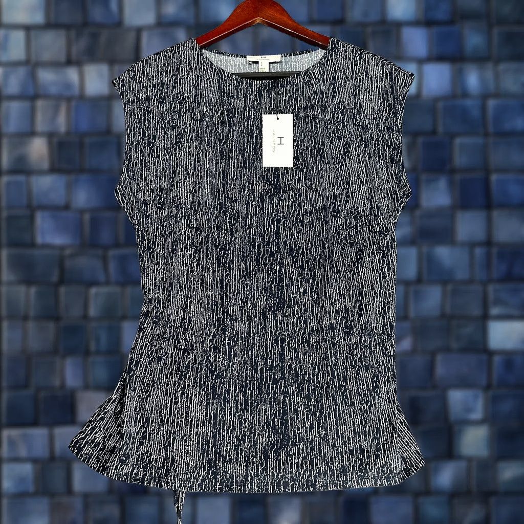 Halston Halston Blouse Shirt Womens Medium Blue Knit Sleeveless Tie Belt New Geometric Pattern Modern Classic Fashion Basic Stretch Size M / US 6-8 / IT 42-44 - 1 Thumbnail