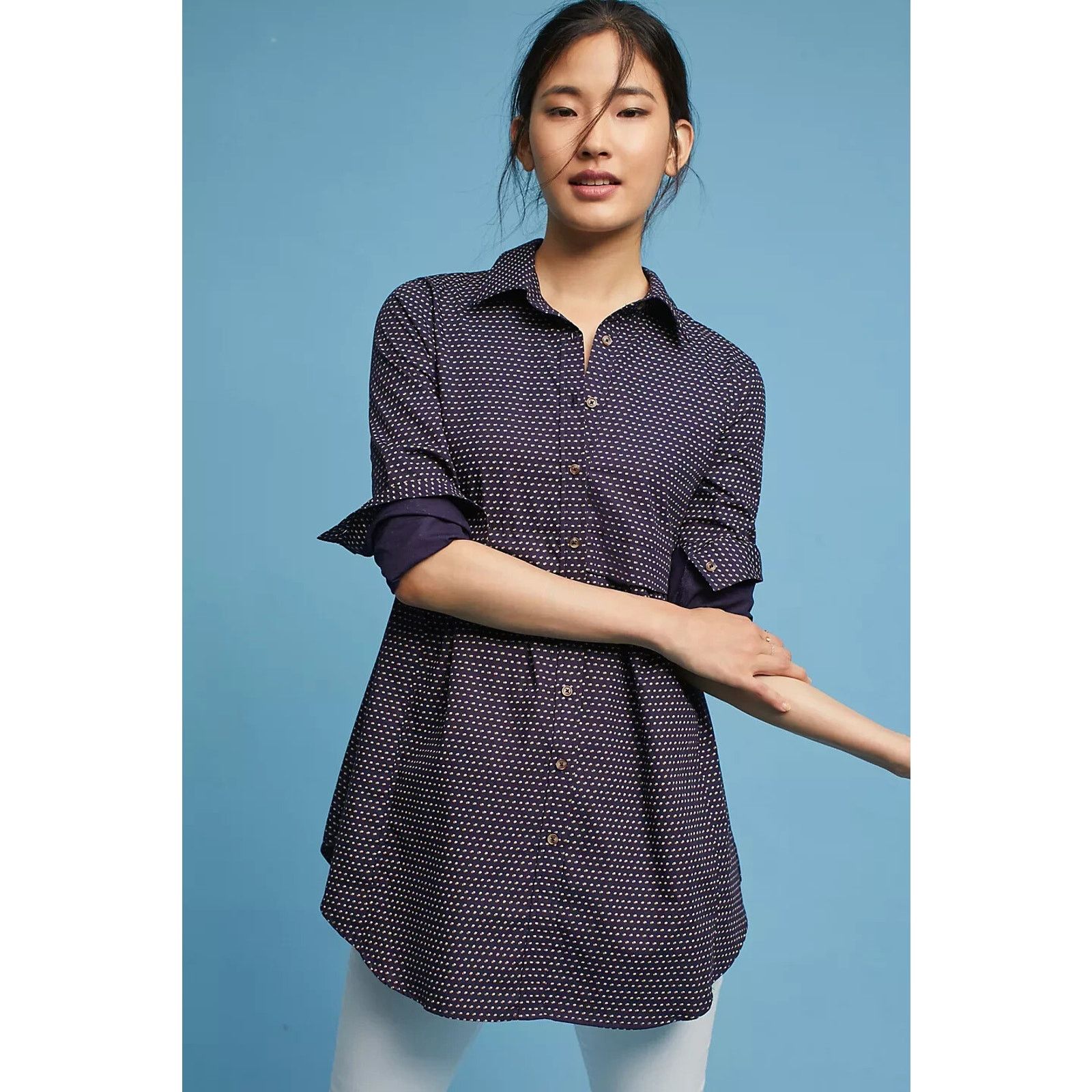 Anthropologie Anthropologie Maeve Navy Blue Polka Dot Tunic Top Large Size L / US 10 / IT 46 - 1 Thumbnail