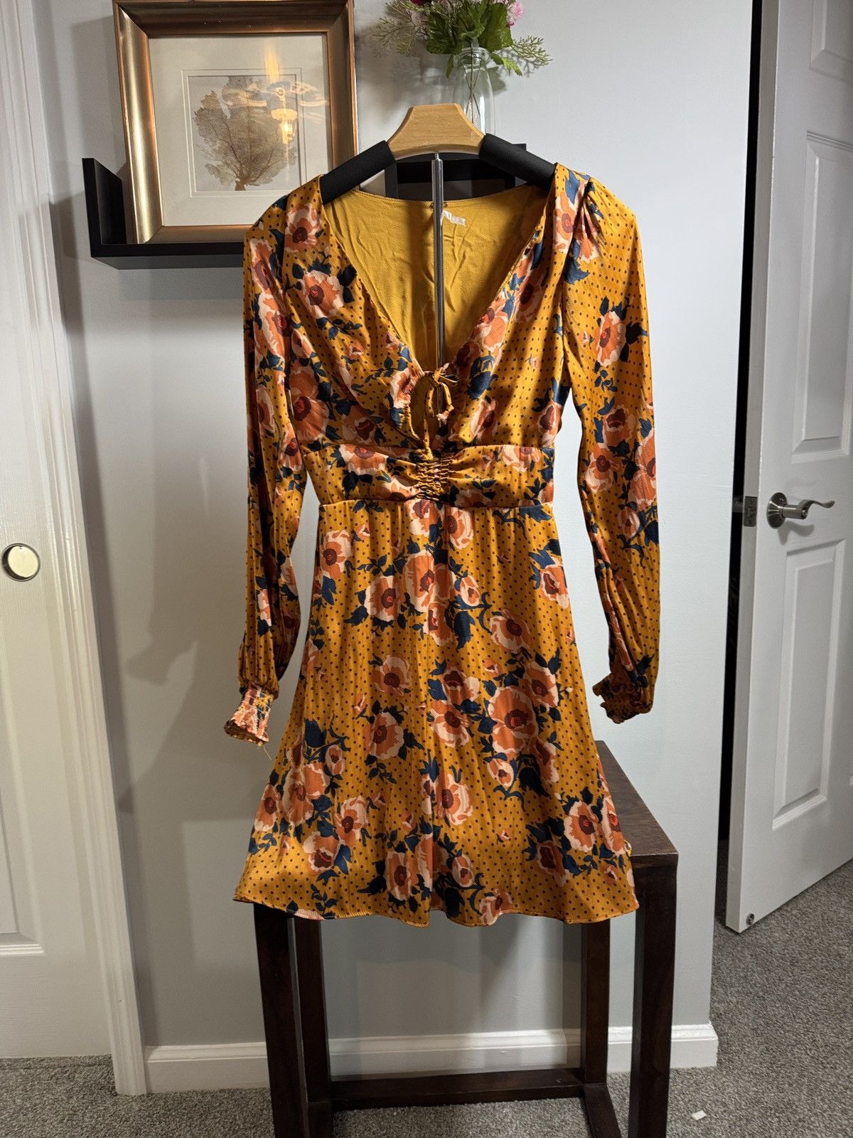 Free People Free People Mustard Floral V-neck Floral Dress Size S / US 4 / IT 40 - 1 Thumbnail