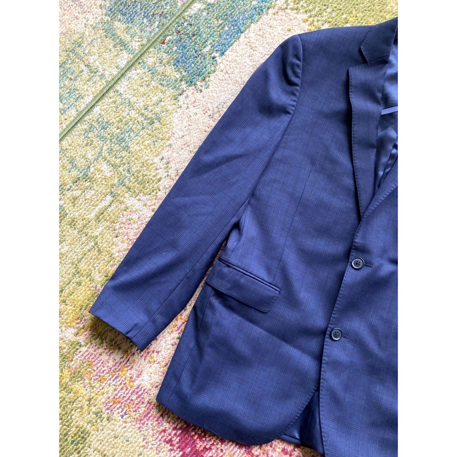 Saks Fifth Avenue Saks Fifth Avenue Blazer Mens 40R Navy Blue Plaid Wool Sports Jacket Size 40R - 2 Thumbnail