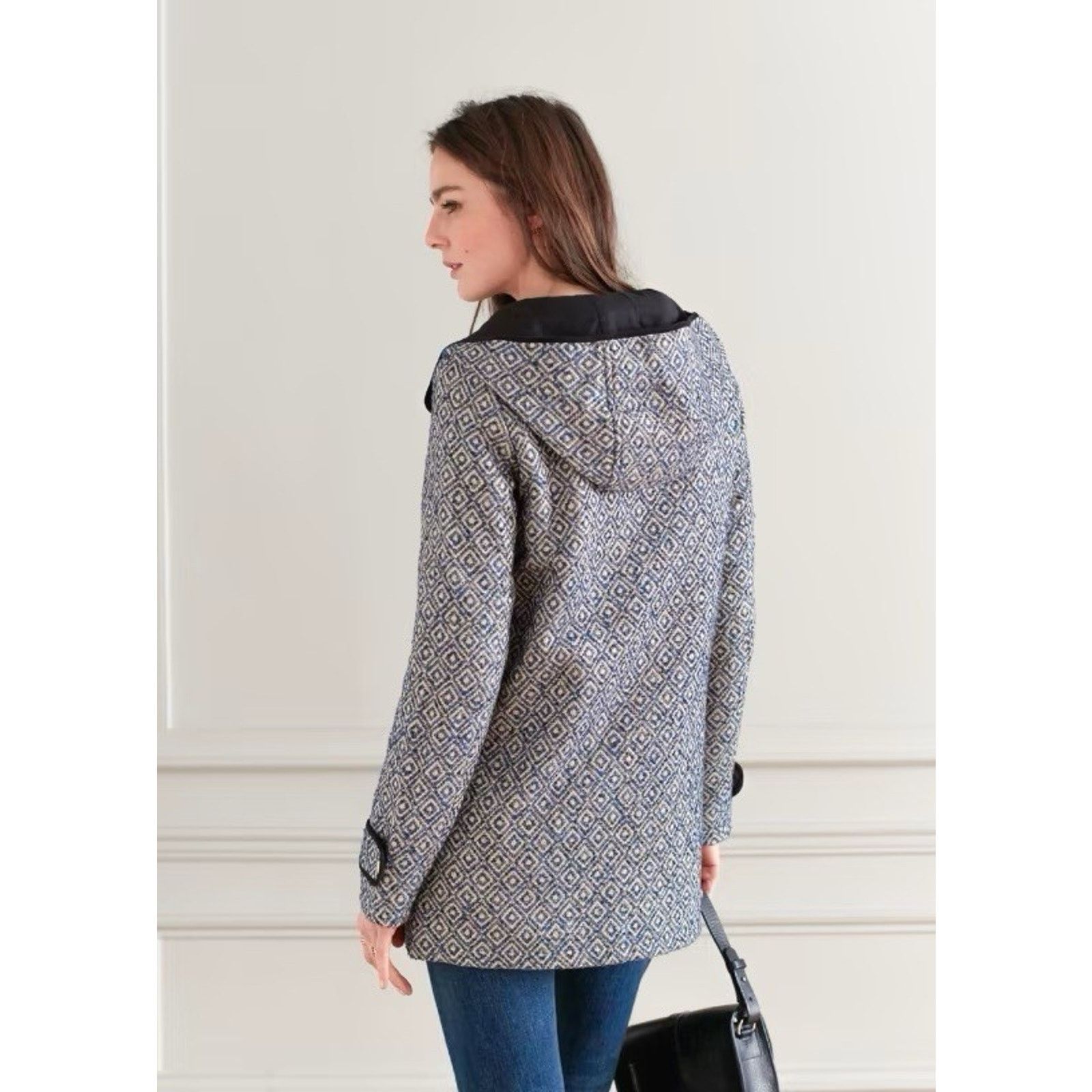 Sezane Printed Double Breasted Hooded Jacket Wool Blend S