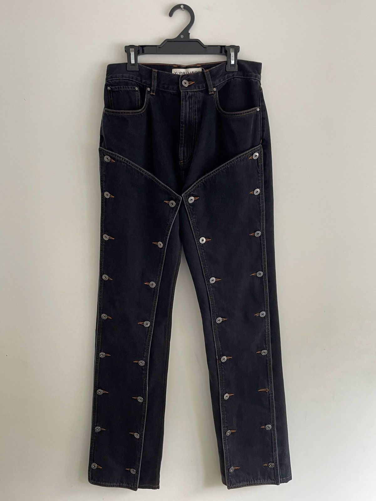 image of Yproject Evergreen Button Panel Straight Leg Jeans in Black, Men's (Size 29)